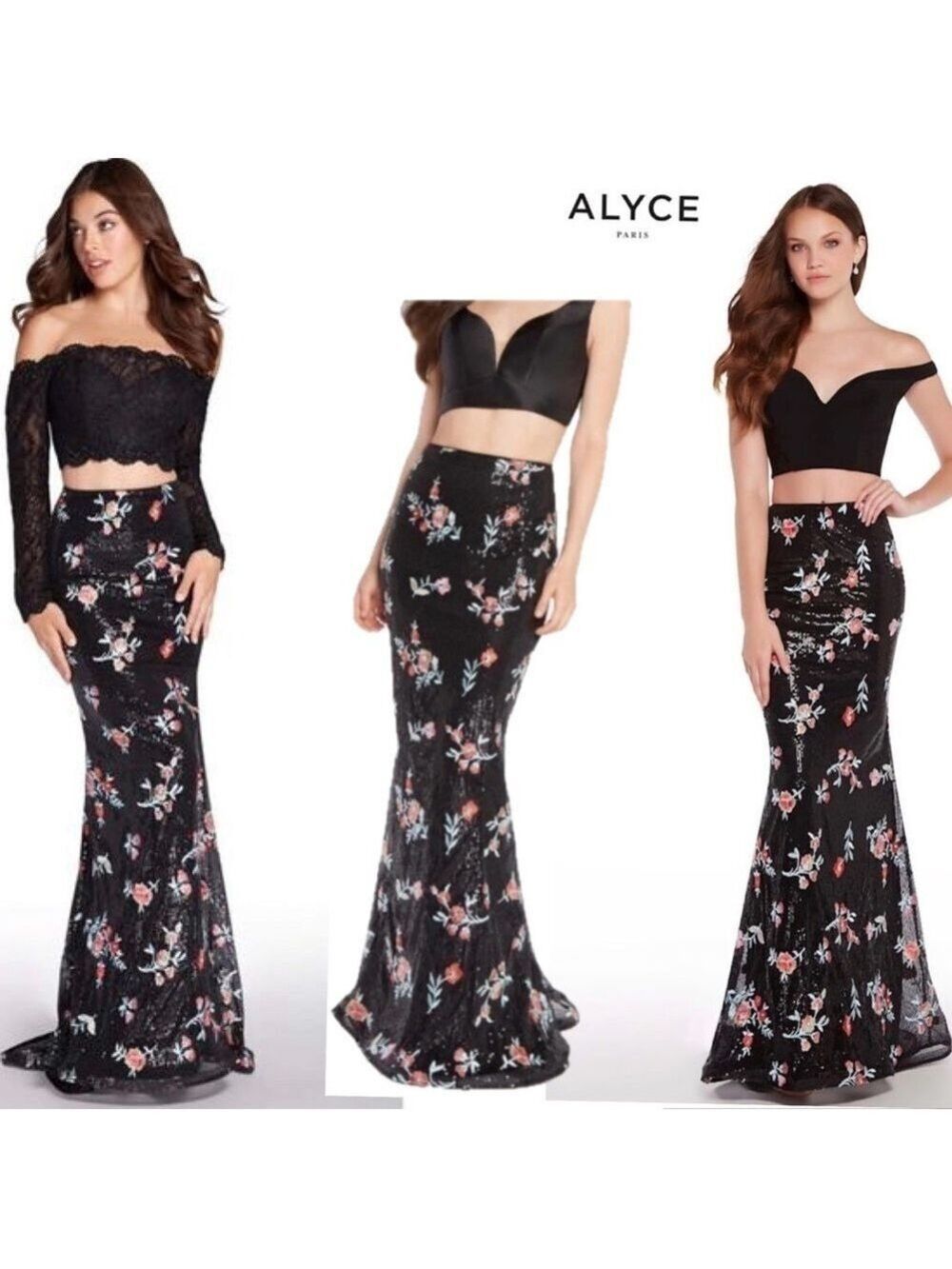 Alyce Paris Black Sequin floral flower embroidered maxi skirt evening formal 0